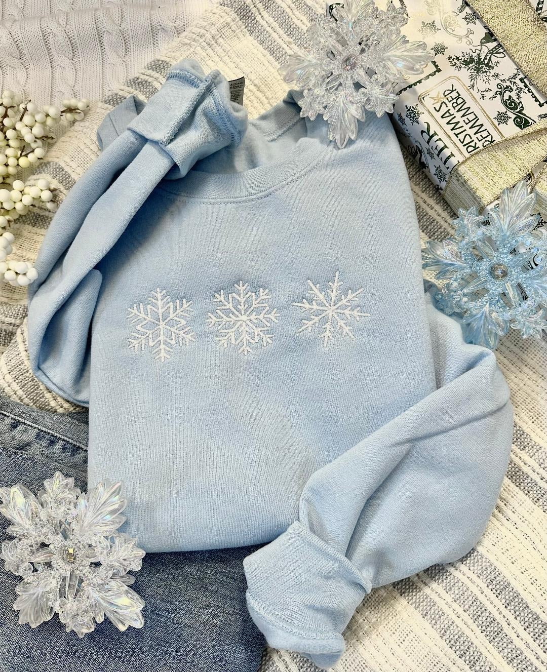Embroidered Snowflakes Sweatshirt, Simple Winter Crewneck, Cozy Winter Sweatshirt, Minimalist Snowflake Pullover EBAC72