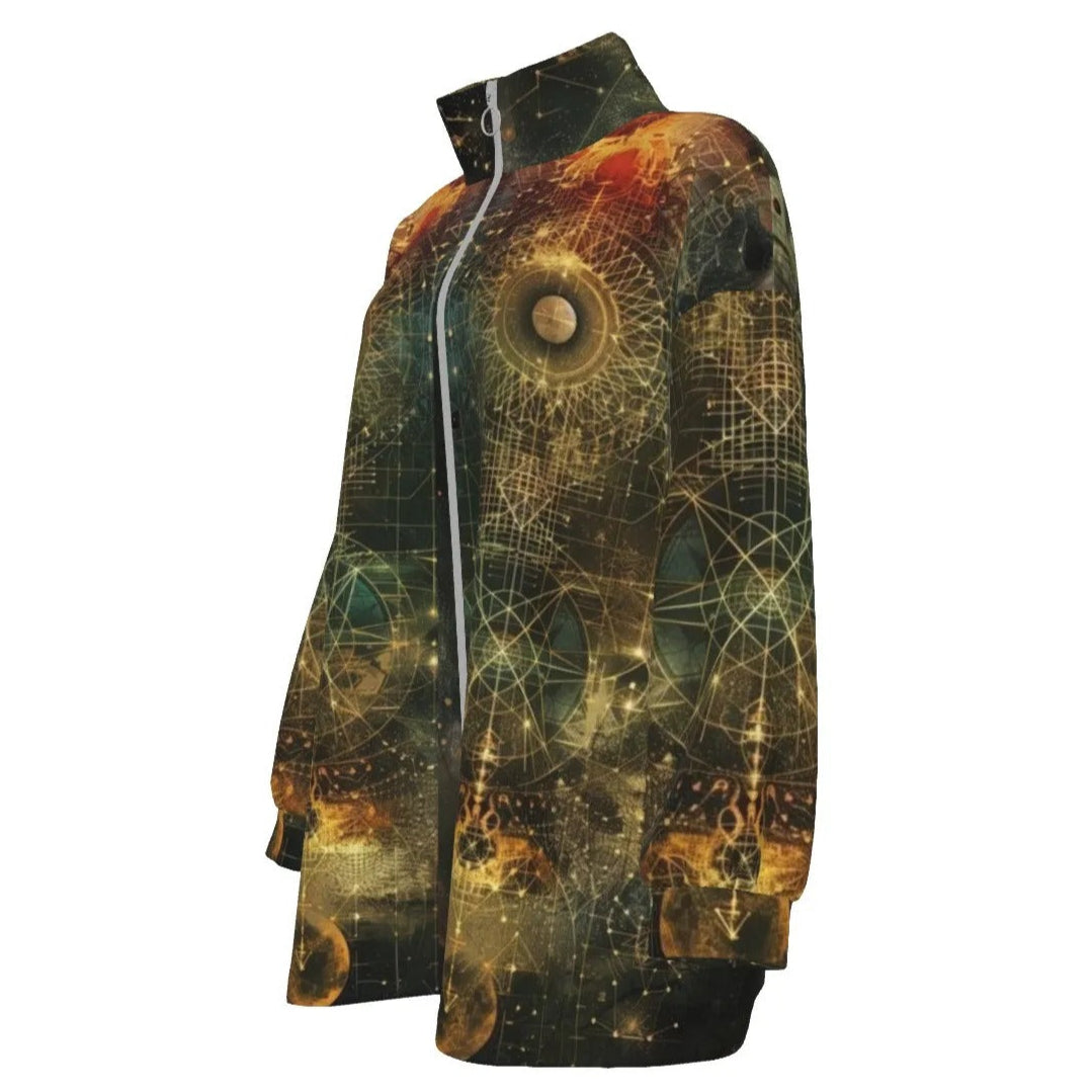 Celestial Alchemy Women’s Coat, Sacred Geometry Outerwear with Cosmic Symbols & Mystical Astral Energy