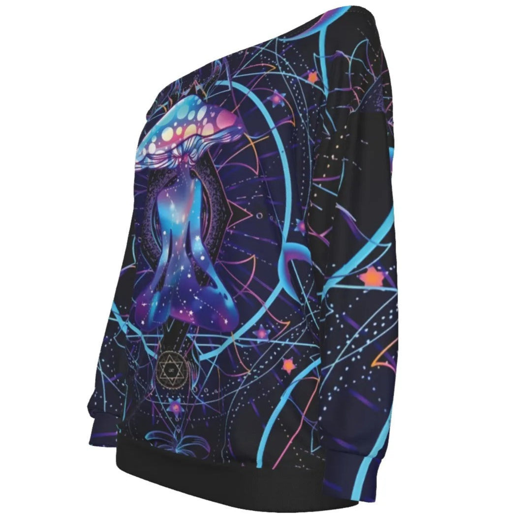 Mystic Mushroom Awakening Off-Shoulder Top, Psychedelic Spiritual Blouse, Cosmic Mushroom Bardot Shirt, Visionary Art Festival Wear, Boho Mystic Style