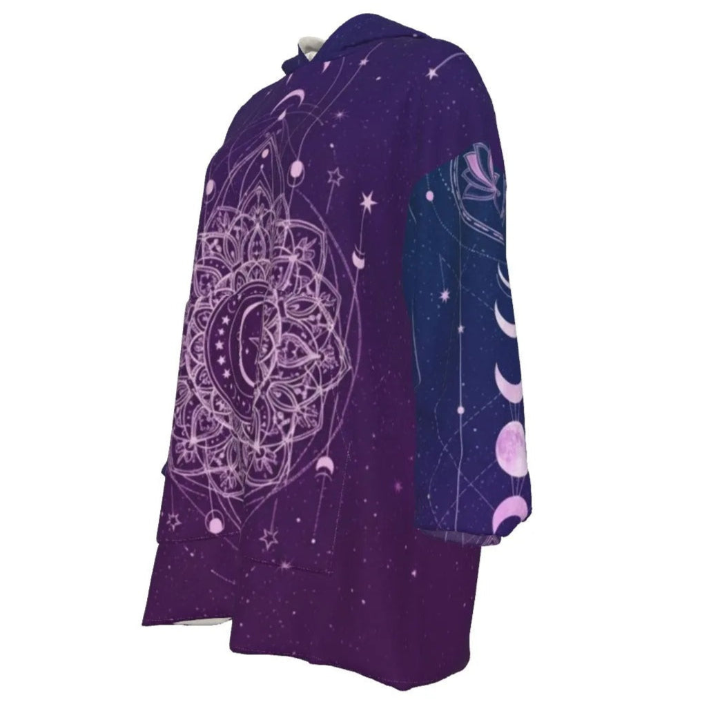Mystic Lunar Mandala Wearable Hooded Blanket, Moon Phase Spiritual Wrap, Celestial Lotus Hooded Cape, Sacred Geometry Cosmic Loungewear, Boho Mystic Style