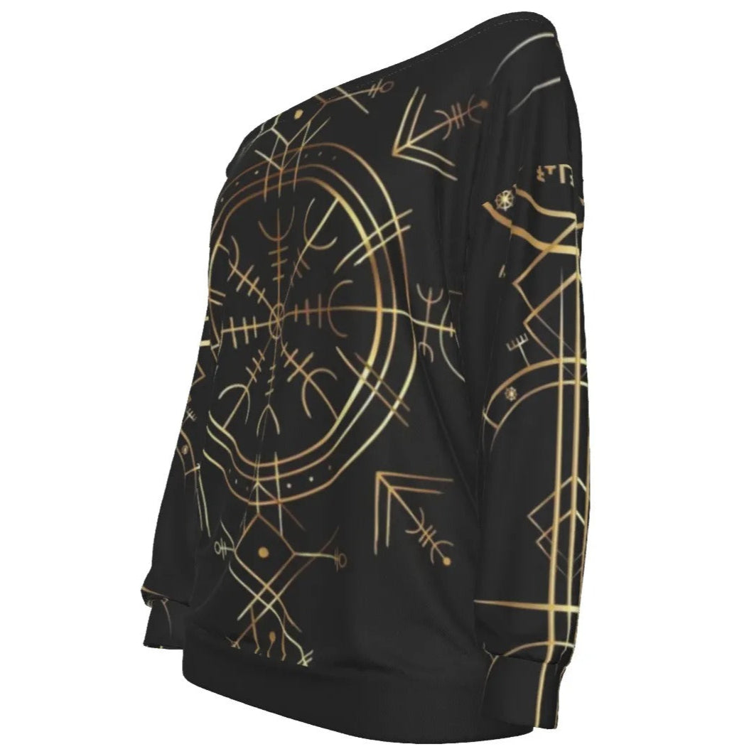 Viking Vegvisir Mysticism Off-Shoulder Top, Norse Compass Viking Bardot Shirt, Nordic Rune Spiritual Fashion, Viking Sacred Geometry Blouse