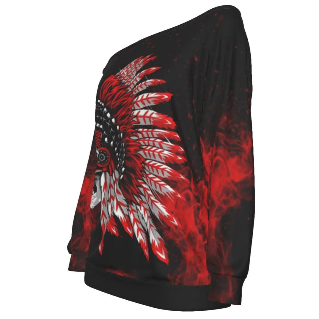 Native American Skull Off-Shoulder Top, Red Feather Headdress Shirt, Tribal Gothic Blouse, Red Smoke Graphic Wear, Warrior Biker Style