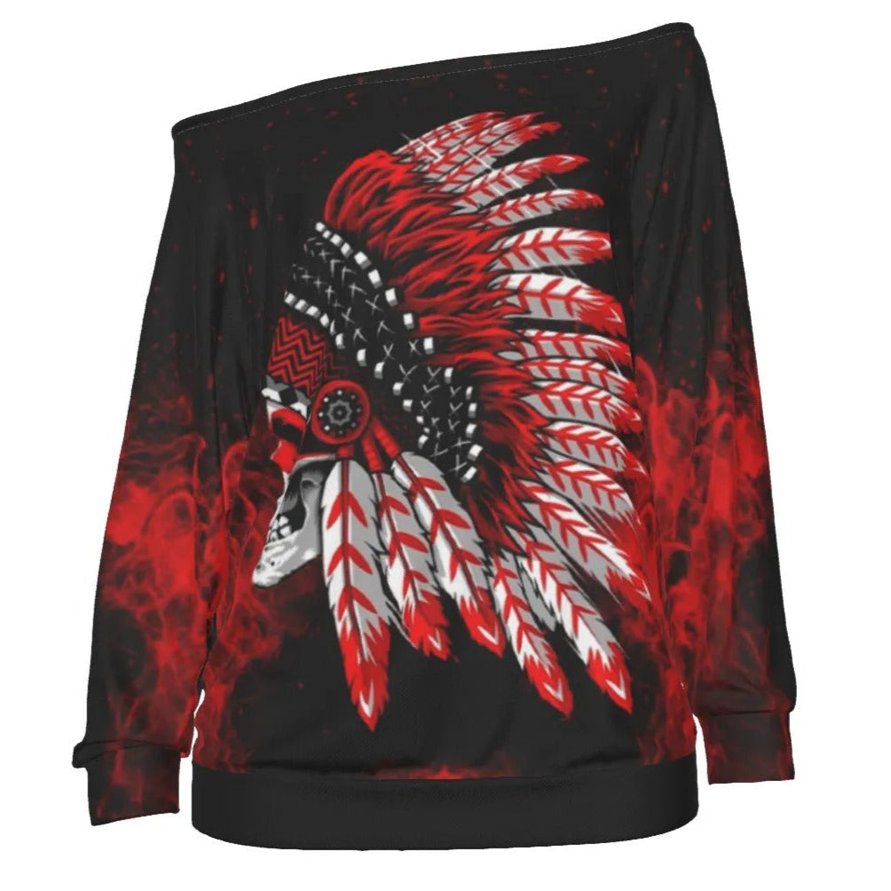 Native American Skull Off-Shoulder Top, Red Feather Headdress Shirt, Tribal Gothic Blouse, Red Smoke Graphic Wear, Warrior Biker Style