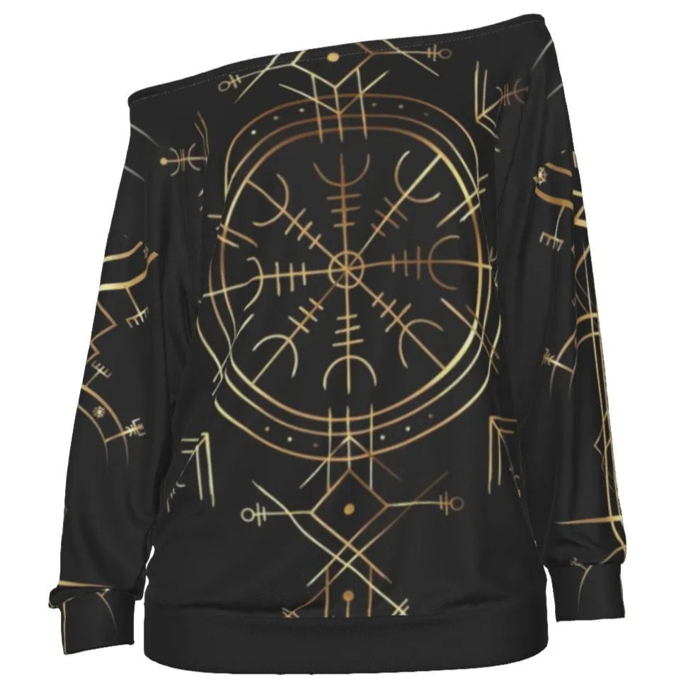 Viking Vegvisir Mysticism Off-Shoulder Top, Norse Compass Viking Bardot Shirt, Nordic Rune Spiritual Fashion, Viking Sacred Geometry Blouse