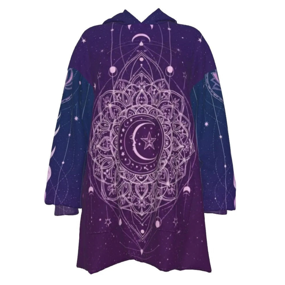 Mystic Lunar Mandala Wearable Hooded Blanket, Moon Phase Spiritual Wrap, Celestial Lotus Hooded Cape, Sacred Geometry Cosmic Loungewear, Boho Mystic Style