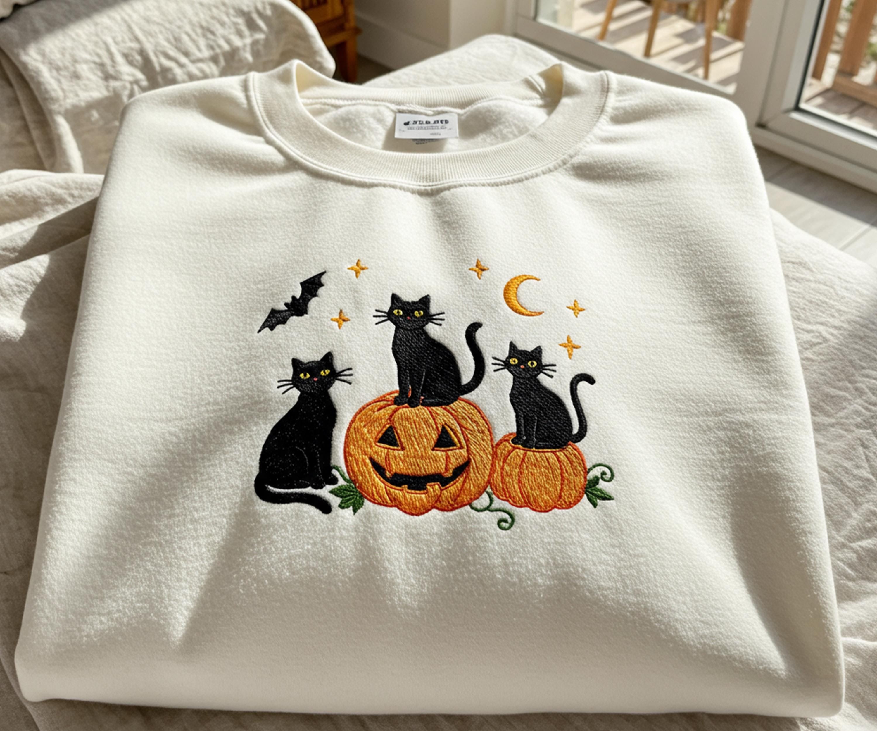 Embroidered Black Cat Pumpkin Sweatshirt, Cute Halloween Crewneck, Spooky Season Embroidery, Fall Pumpkin Sweater, Ghost Bat Cat Lover Gift EBAC22