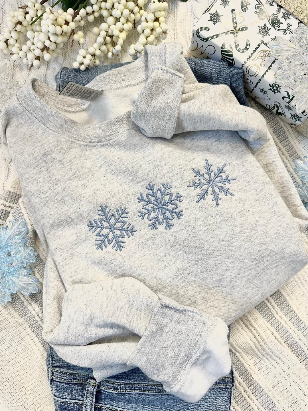 Embroidered Snowflakes Sweatshirt, Simple Winter Crewneck, Cozy Winter Sweatshirt, Minimalist Snowflake Pullover EBAC72