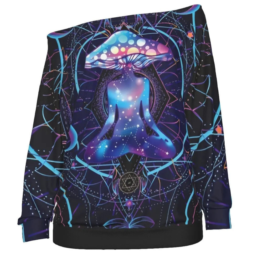 Mystic Mushroom Awakening Off-Shoulder Top, Psychedelic Spiritual Blouse, Cosmic Mushroom Bardot Shirt, Visionary Art Festival Wear, Boho Mystic Style