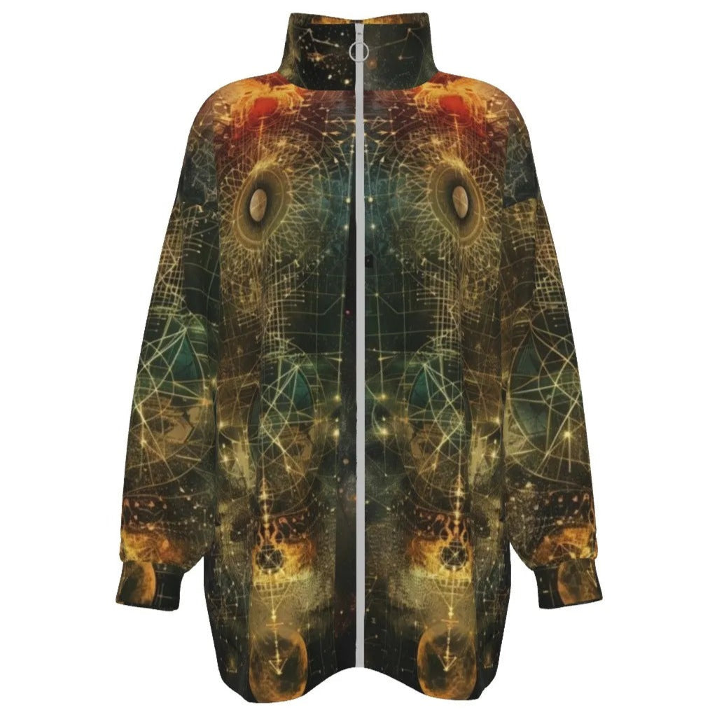 Celestial Alchemy Women’s Coat, Sacred Geometry Outerwear with Cosmic Symbols & Mystical Astral Energy