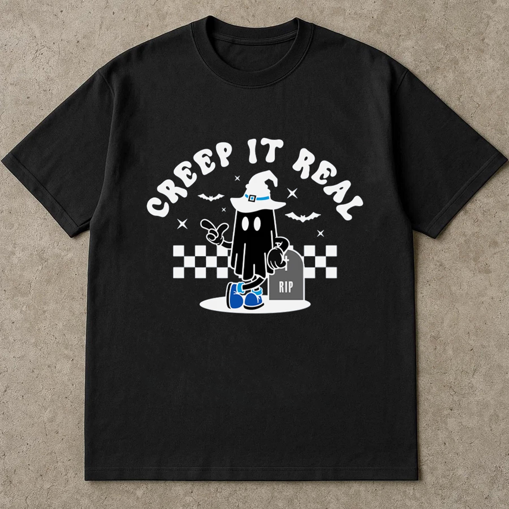 Creep It Real Halloween T-Shirt,  Cute Ghost in Witch Hat Graphic Tee, Funny RIP Tombstone Print, Unisex Oversized Streetwear Shirt for Men, Women & Teens
