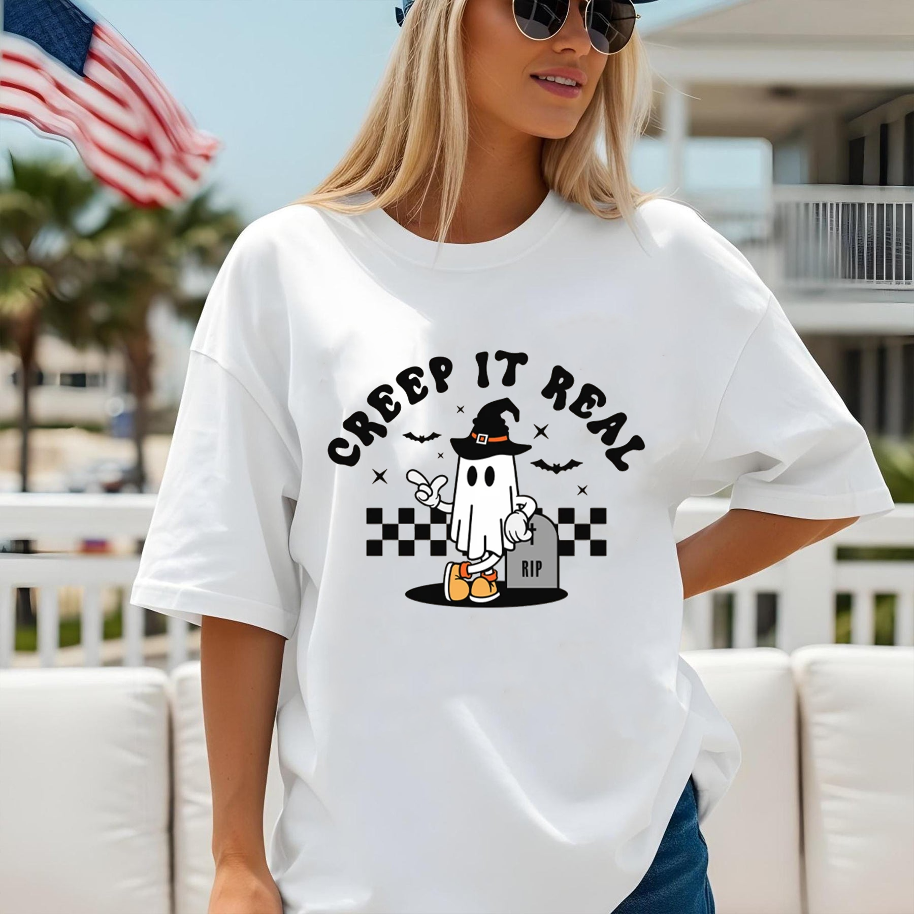 Creep It Real Halloween T-Shirt,  Cute Ghost in Witch Hat Graphic Tee, Funny RIP Tombstone Print, Unisex Oversized Streetwear Shirt for Men, Women & Teens
