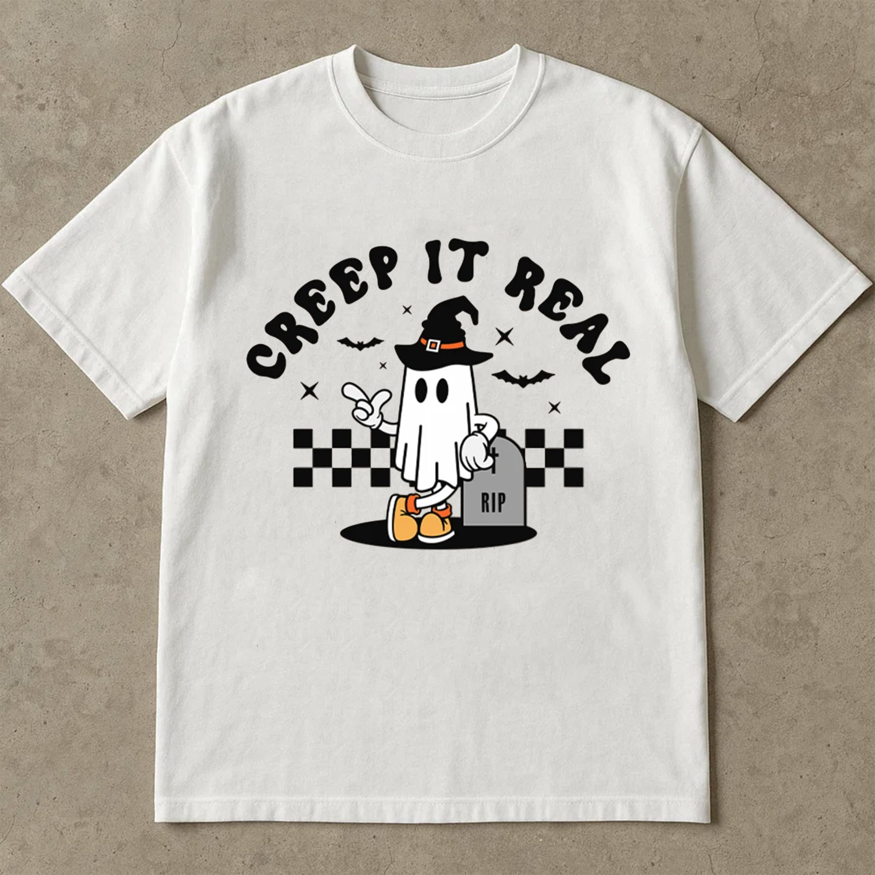 Creep It Real Halloween T-Shirt,  Cute Ghost in Witch Hat Graphic Tee, Funny RIP Tombstone Print, Unisex Oversized Streetwear Shirt for Men, Women & Teens