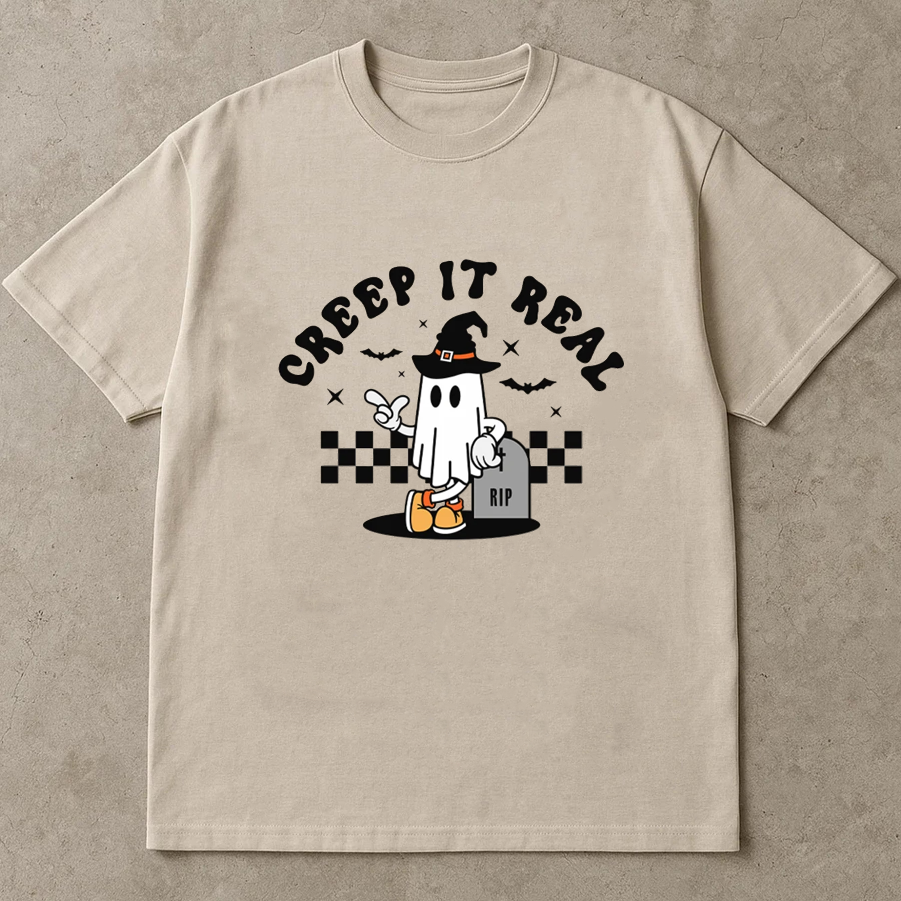 Creep It Real Halloween T-Shirt,  Cute Ghost in Witch Hat Graphic Tee, Funny RIP Tombstone Print, Unisex Oversized Streetwear Shirt for Men, Women & Teens