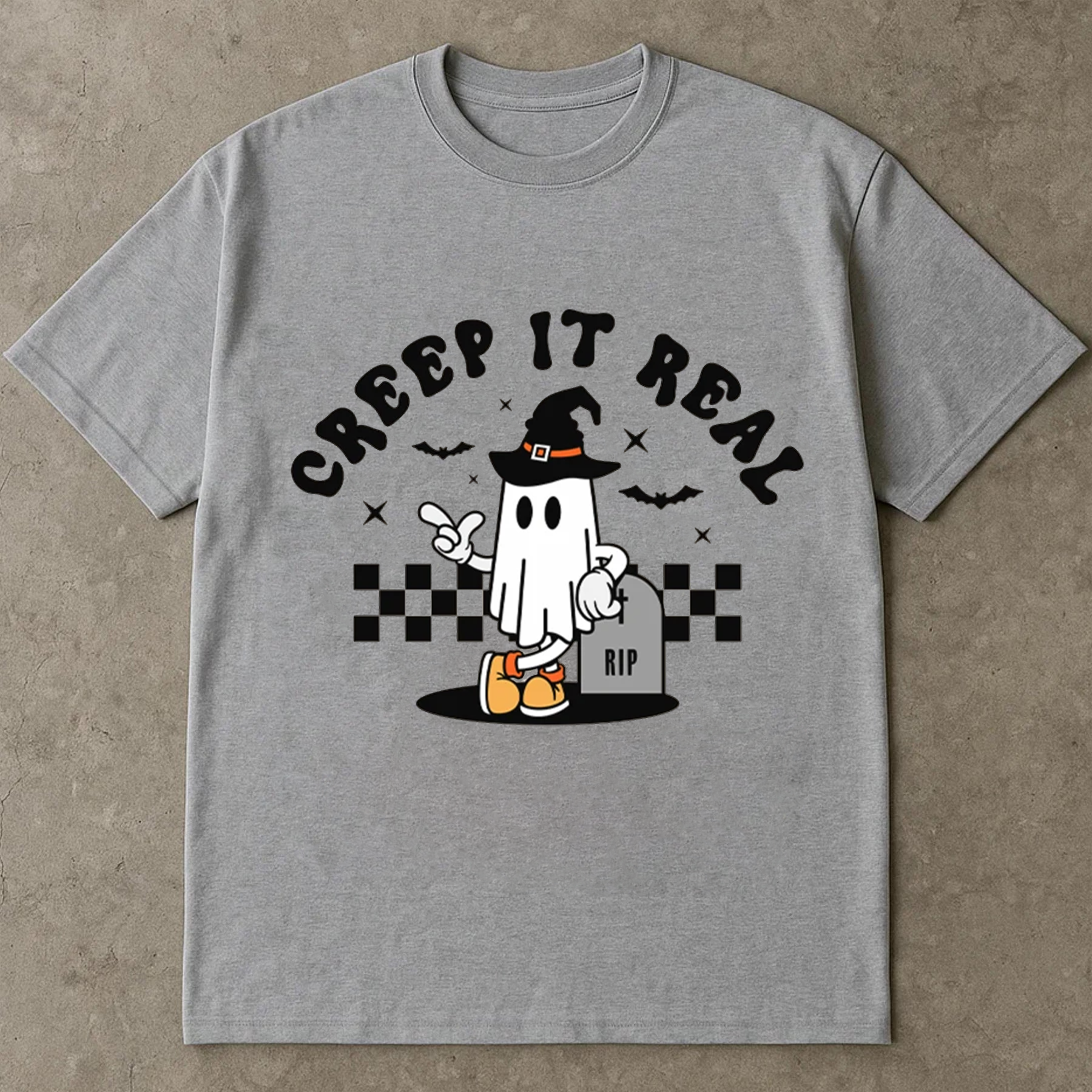 Creep It Real Halloween T-Shirt,  Cute Ghost in Witch Hat Graphic Tee, Funny RIP Tombstone Print, Unisex Oversized Streetwear Shirt for Men, Women & Teens