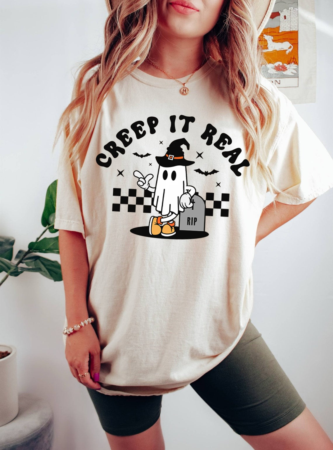 Creep It Real Halloween T-Shirt,  Cute Ghost in Witch Hat Graphic Tee, Funny RIP Tombstone Print, Unisex Oversized Streetwear Shirt for Men, Women & Teens