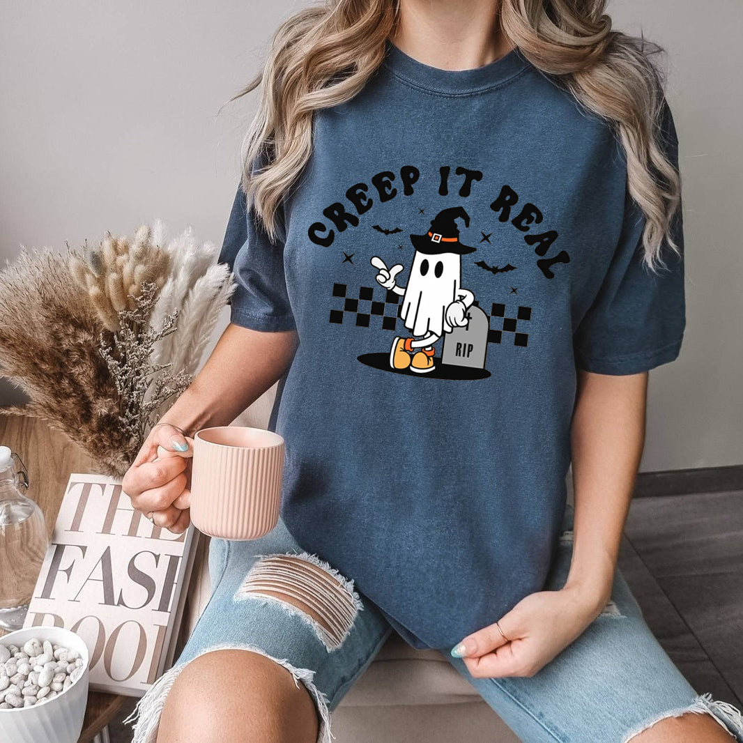 Creep It Real Halloween T-Shirt,  Cute Ghost in Witch Hat Graphic Tee, Funny RIP Tombstone Print, Unisex Oversized Streetwear Shirt for Men, Women & Teens