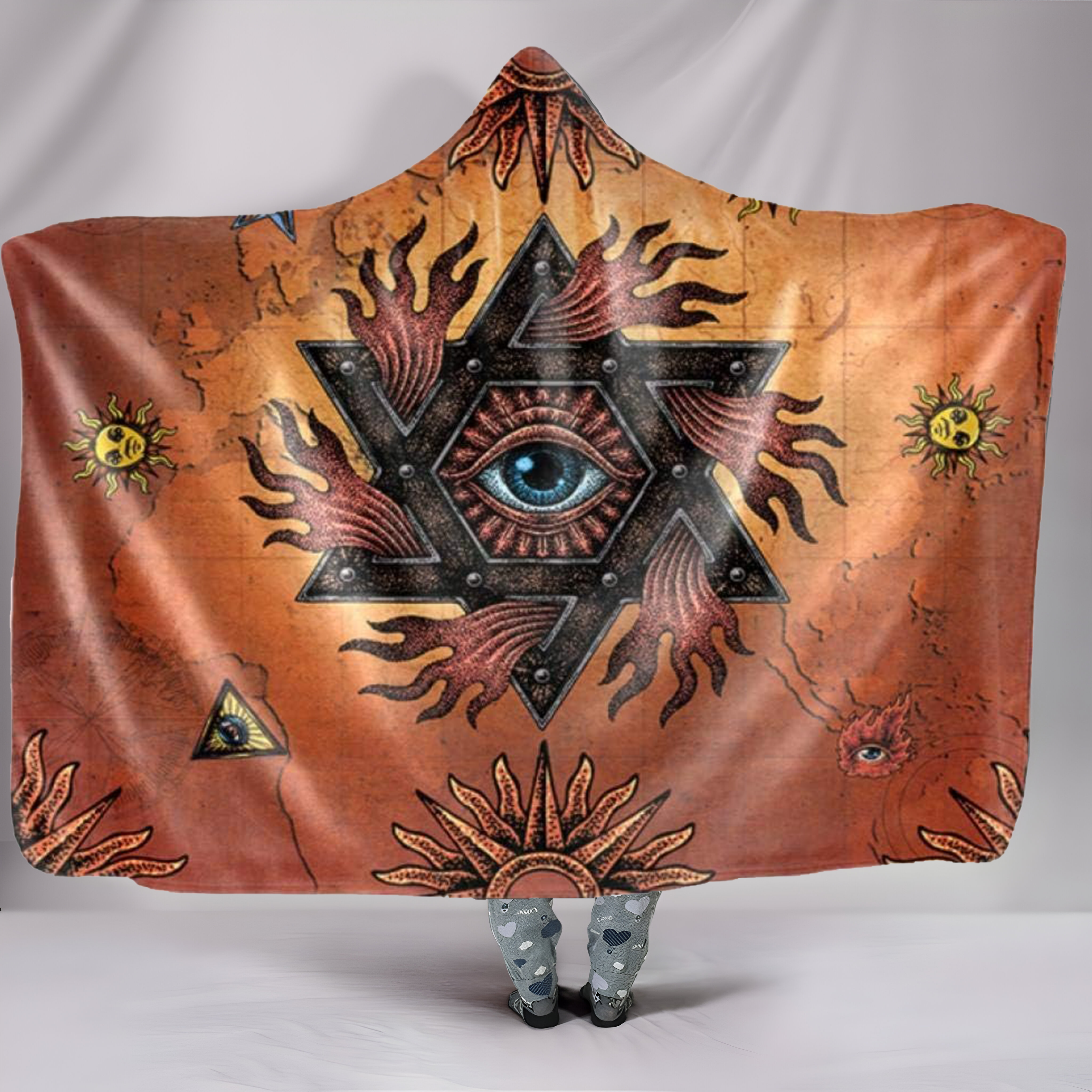 Mandala Hooded Planket with Mystical Eye Design, Cozy Warm Blanket, Unique Spiritual Art, Perfect for Meditation, Yoga, Home Decor, and Gifts, BLKAC15