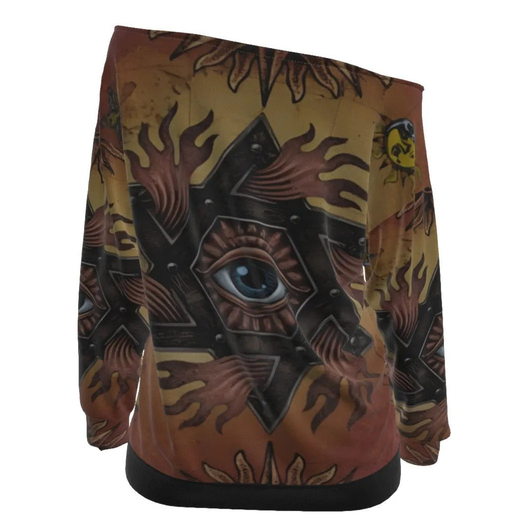 Women’s Mystic Mandala Off-Shoulder Shirt, Sacred Geometry Cosmic Eye Top, Psychedelic Sun Boho Festival Clothing
