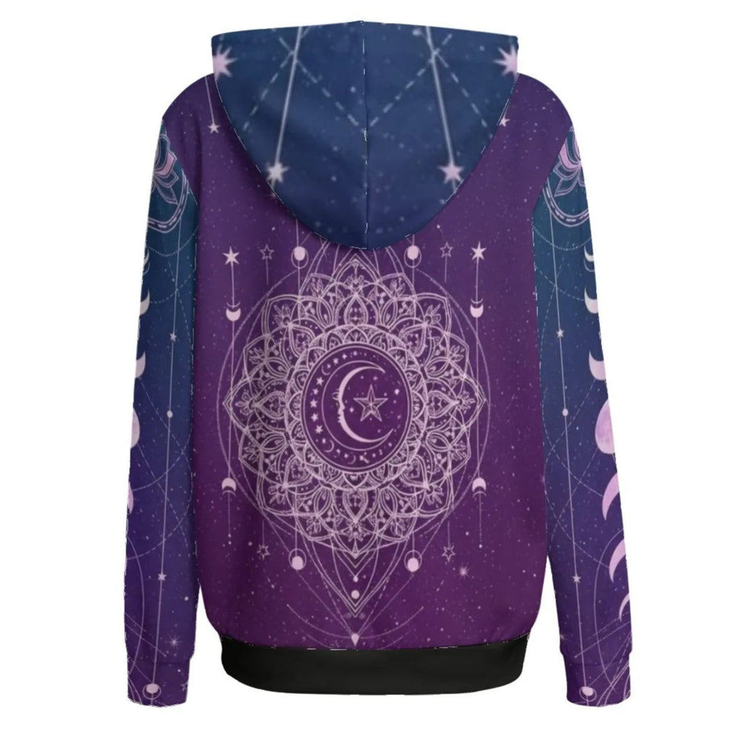 Mystic Lunar Mandala Women’s Hoodie, Moon Phase Spiritual Sweatshirt, Celestial Lotus Hooded Top, Sacred Geometry Cosmic Hoodie, Boho Mystic Style