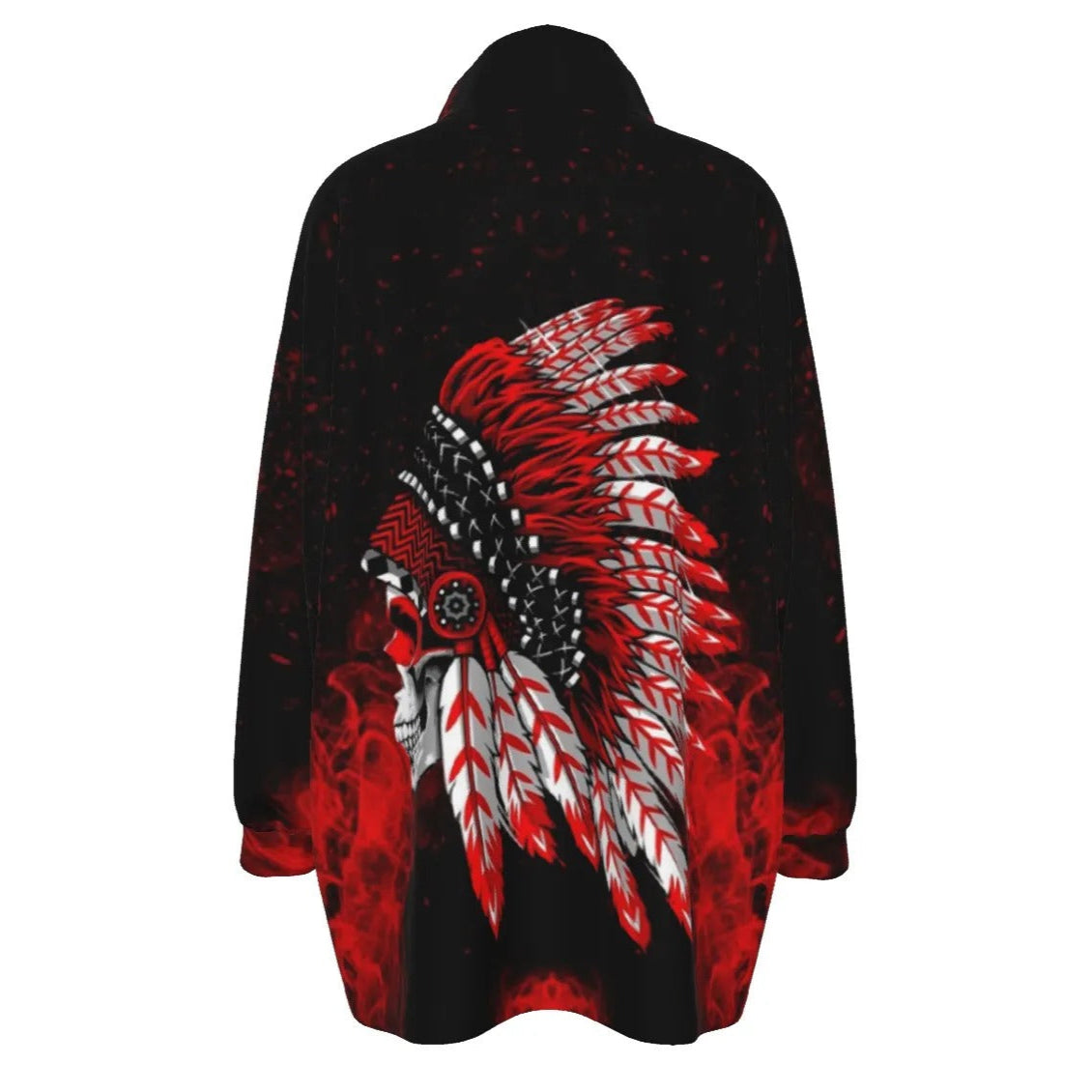 Native American Skull Women’s Coat, Red Feather Headdress Jacket, Tribal Gothic Outerwear, Red Smoke Graphic Coat, Warrior Biker Style