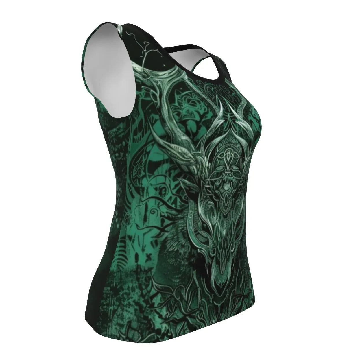 Viking Tank Top, Norse Mythology Shirt, Green Rune Sleeveless Shirt, Celtic Warrior Tank, Sacred Deer Skull Top, Nordic Symbol Shirt, Pagan Festival Clothing