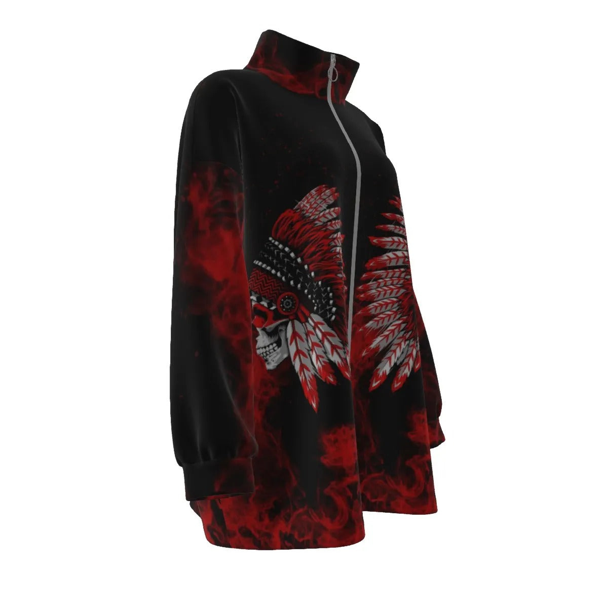 Native American Skull Women’s Coat, Red Feather Headdress Jacket, Tribal Gothic Outerwear, Red Smoke Graphic Coat, Warrior Biker Style