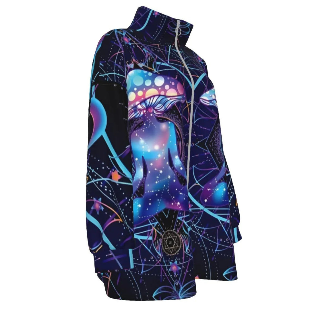 Mystic Mushroom Awakening Women’s Coat, Psychedelic Spiritual Jacket, Cosmic Mushroom Outerwear, Visionary Art Fashion Coat, Boho Mystic Style