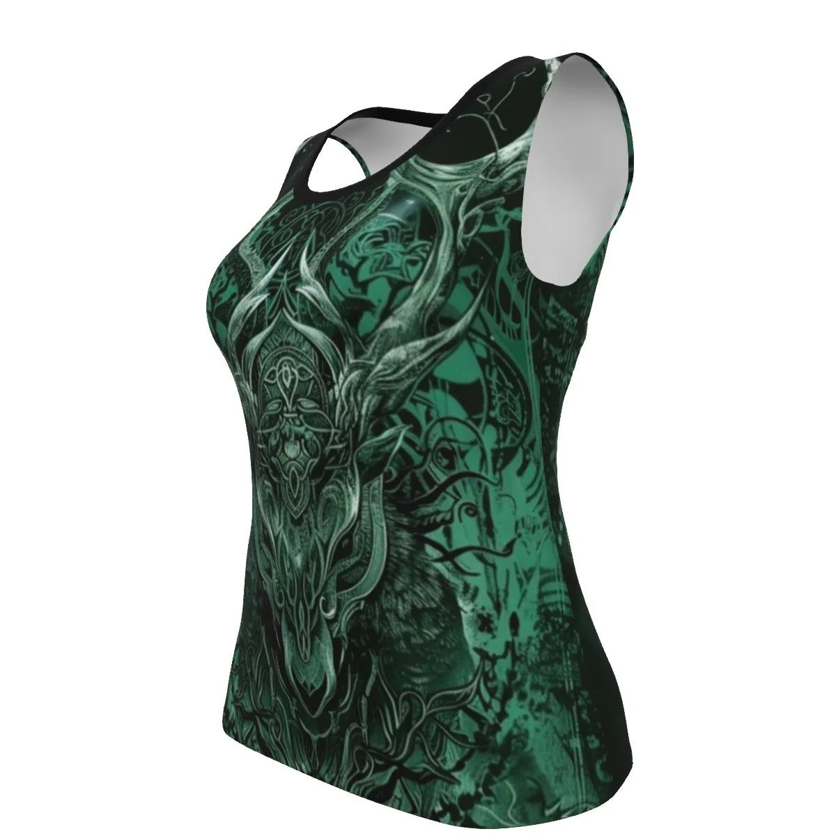 Viking Tank Top, Norse Mythology Shirt, Green Rune Sleeveless Shirt, Celtic Warrior Tank, Sacred Deer Skull Top, Nordic Symbol Shirt, Pagan Festival Clothing