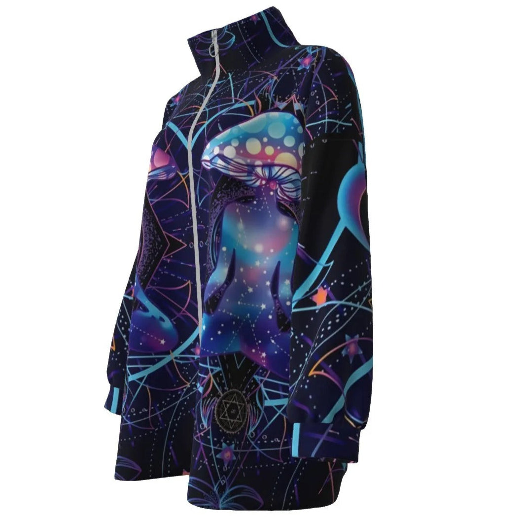 Mystic Mushroom Awakening Women’s Coat, Psychedelic Spiritual Jacket, Cosmic Mushroom Outerwear, Visionary Art Fashion Coat, Boho Mystic Style