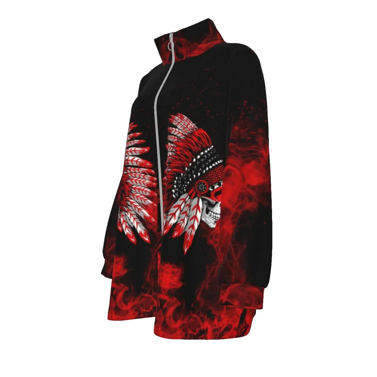 Native American Skull Women’s Coat, Red Feather Headdress Jacket, Tribal Gothic Outerwear, Red Smoke Graphic Coat, Warrior Biker Style