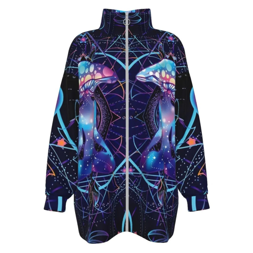 Mystic Mushroom Awakening Women’s Coat, Psychedelic Spiritual Jacket, Cosmic Mushroom Outerwear, Visionary Art Fashion Coat, Boho Mystic Style