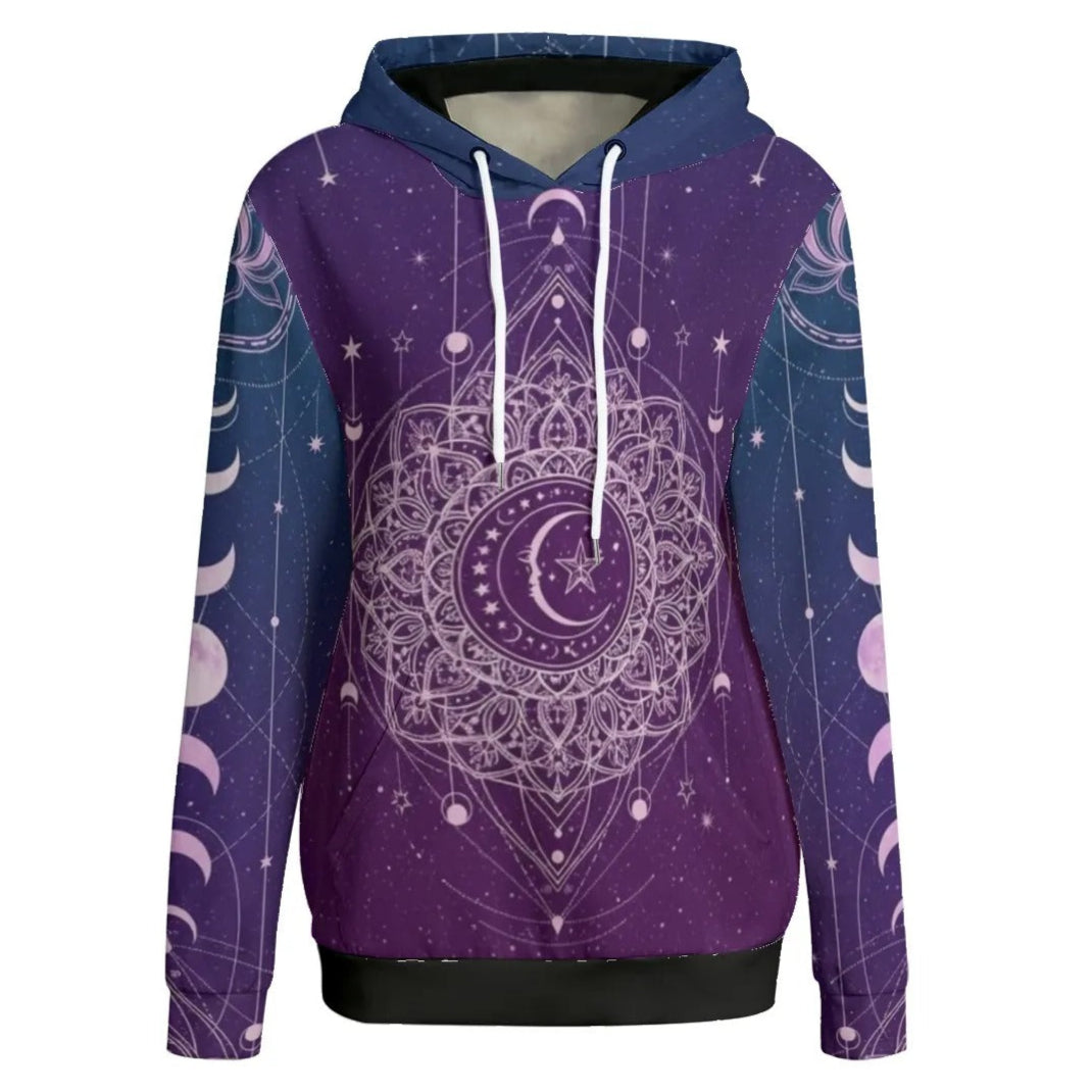 Mystic Lunar Mandala Women’s Hoodie, Moon Phase Spiritual Sweatshirt, Celestial Lotus Hooded Top, Sacred Geometry Cosmic Hoodie, Boho Mystic Style