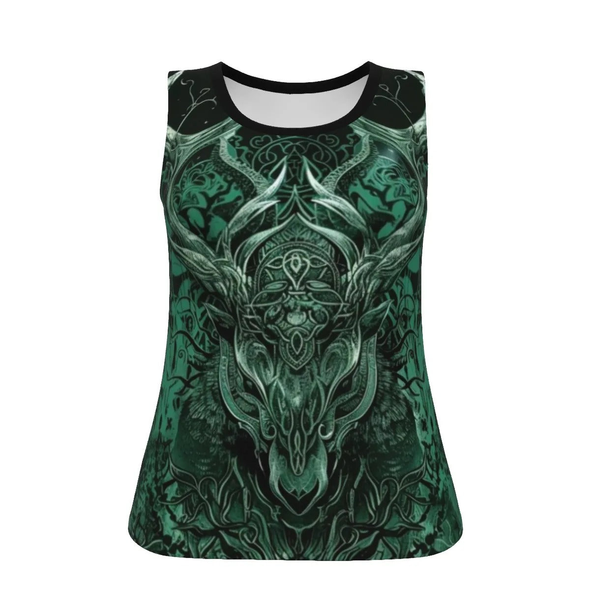 Viking Tank Top, Norse Mythology Shirt, Green Rune Sleeveless Shirt, Celtic Warrior Tank, Sacred Deer Skull Top, Nordic Symbol Shirt, Pagan Festival Clothing