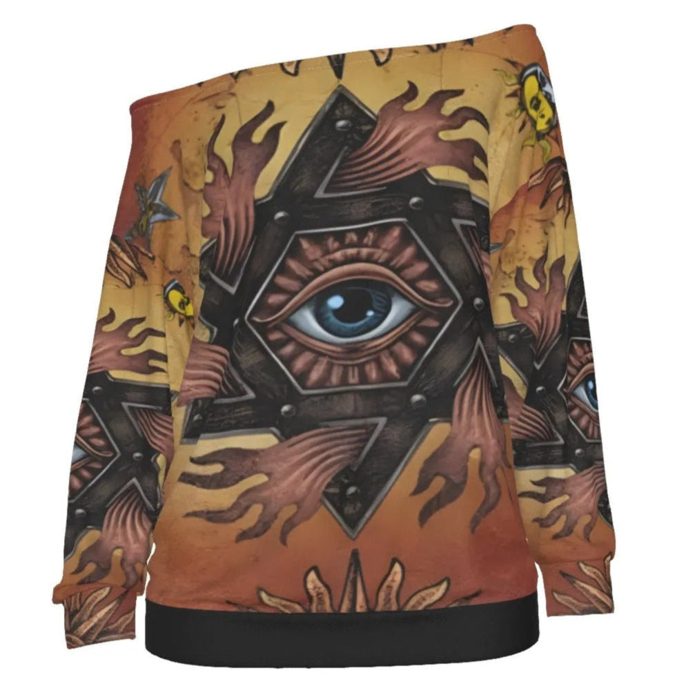 Women’s Mystic Mandala Off-Shoulder Shirt, Sacred Geometry Cosmic Eye Top, Psychedelic Sun Boho Festival Clothing