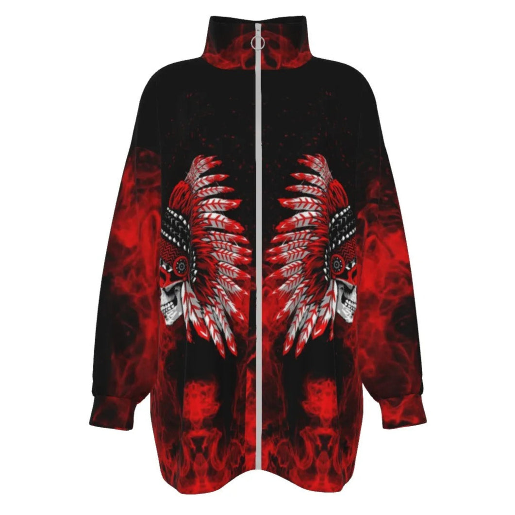 Native American Skull Women’s Coat, Red Feather Headdress Jacket, Tribal Gothic Outerwear, Red Smoke Graphic Coat, Warrior Biker Style