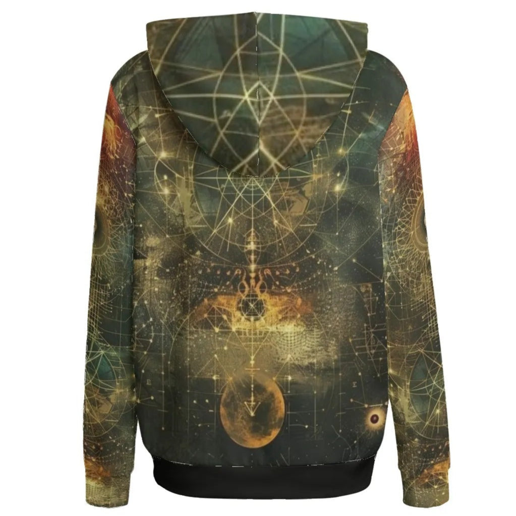 Celestial Alchemy Women’s Hoodie, Spiritual Universe-Inspired Hoodie with Astrology Symbols, Sacred Geometry Pullover with Cosmic Astral Design for Spiritual Souls