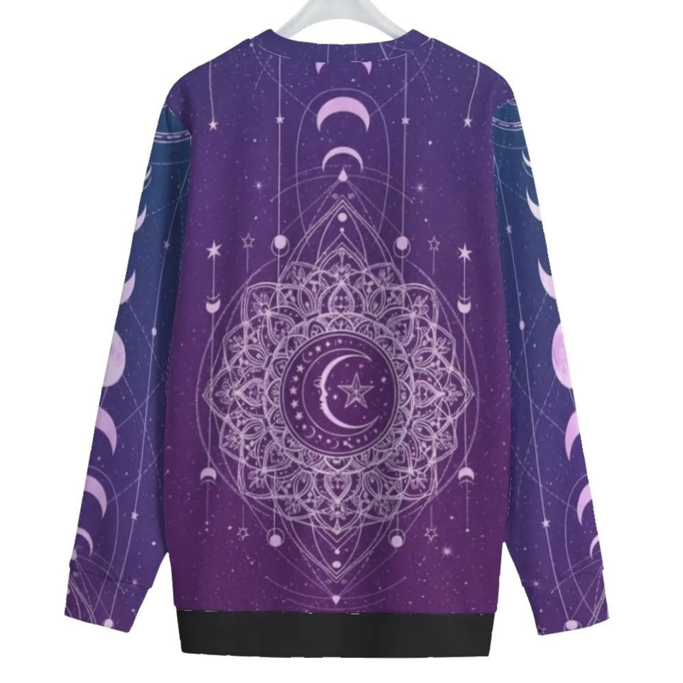 Mystic Lunar Mandala Women’s Sweater, Moon Phase Spiritual Pullover, Celestial Lotus Knitwear, Sacred Geometry Cosmic Sweater, Boho Mystic Style