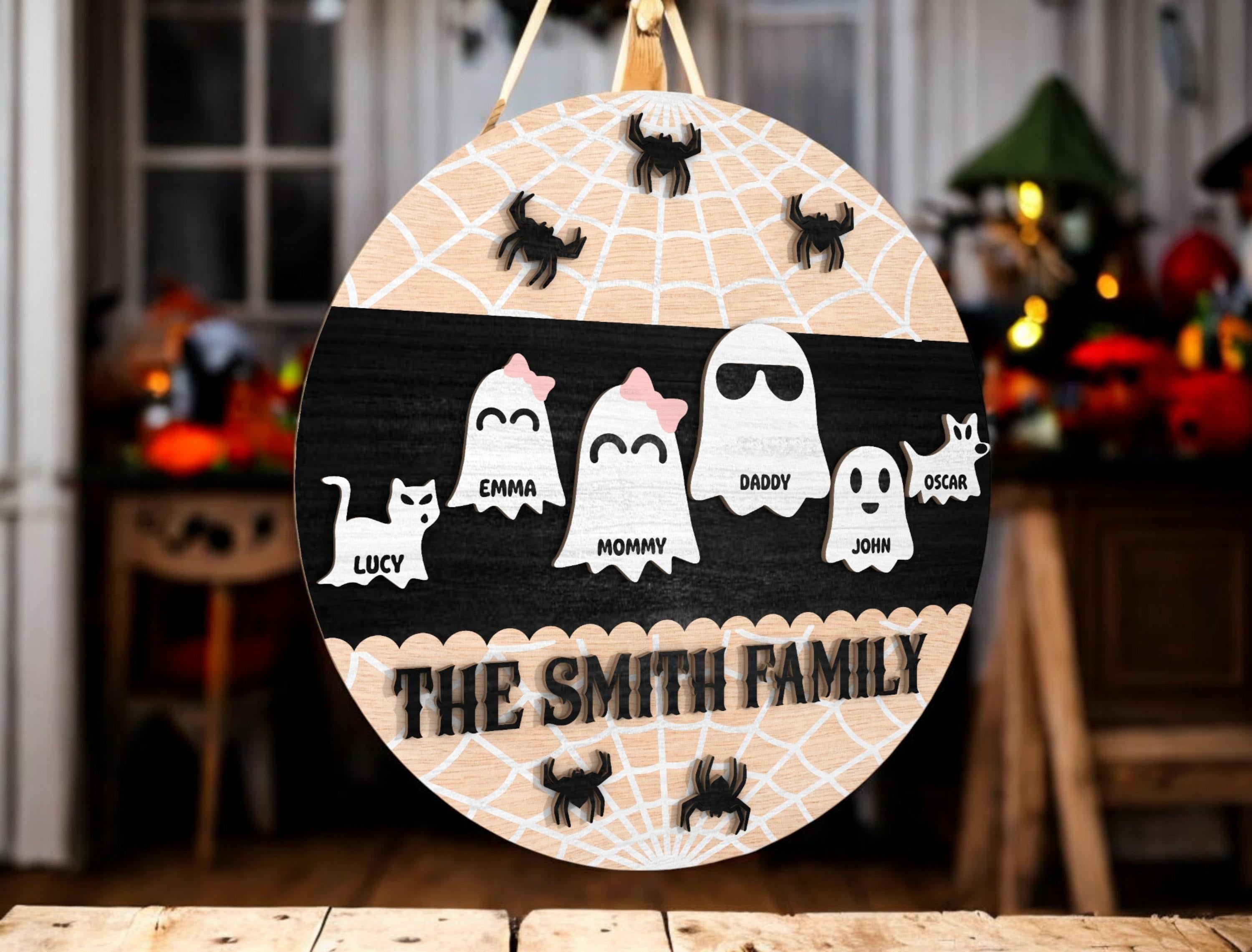 Personalized Halloween Ghost Family Door Sign, Custom Name Ghosts with Pets, Cute Spider Web Round Wooden Hanger, Fall Porch Decor
