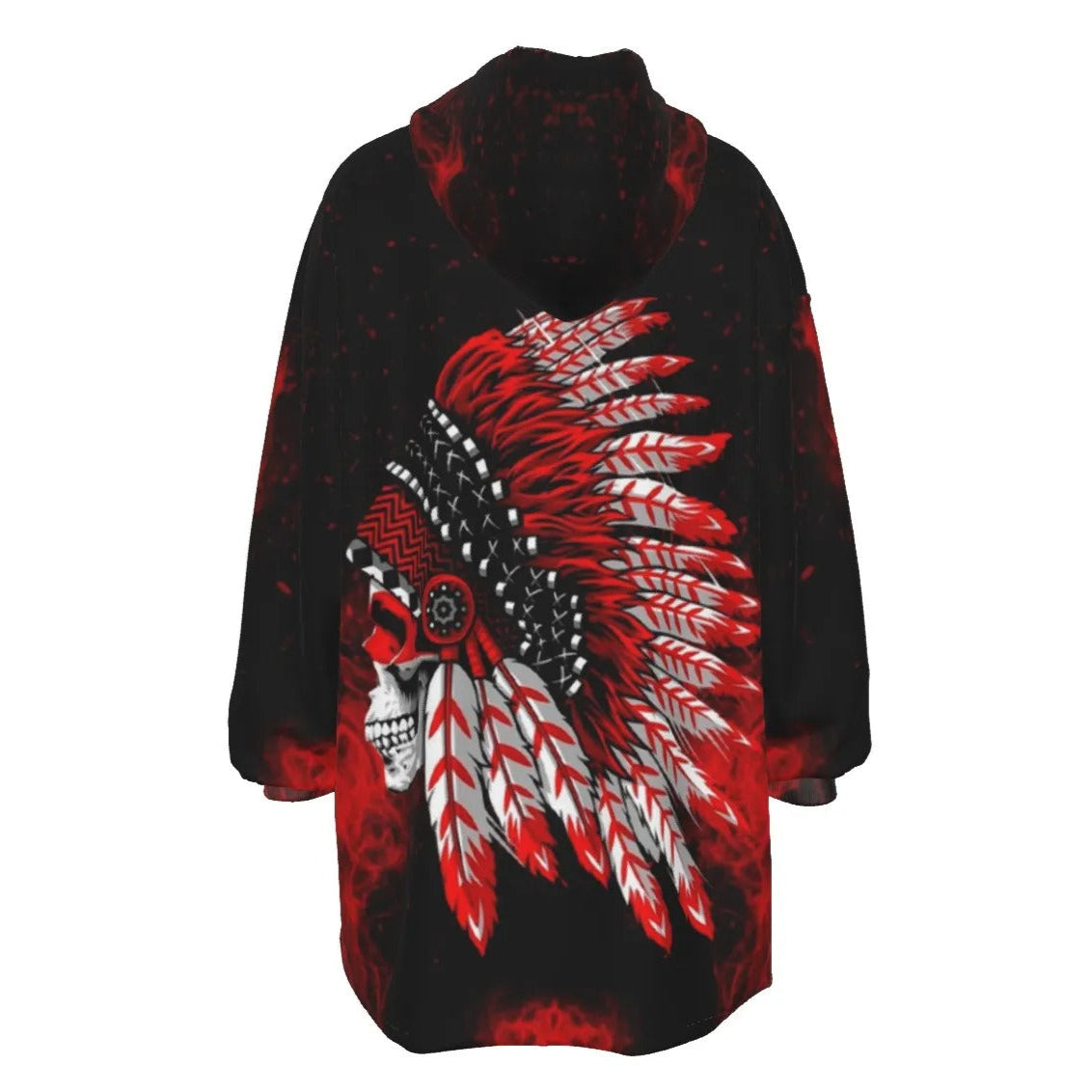 Native American Skull Sherpa Fleece Hoodie, Red Feather Headdress Hooded Jacket, Tribal Gothic Warm Hoodie, Red Smoke Graphic Outerwear, Warrior Biker Style
