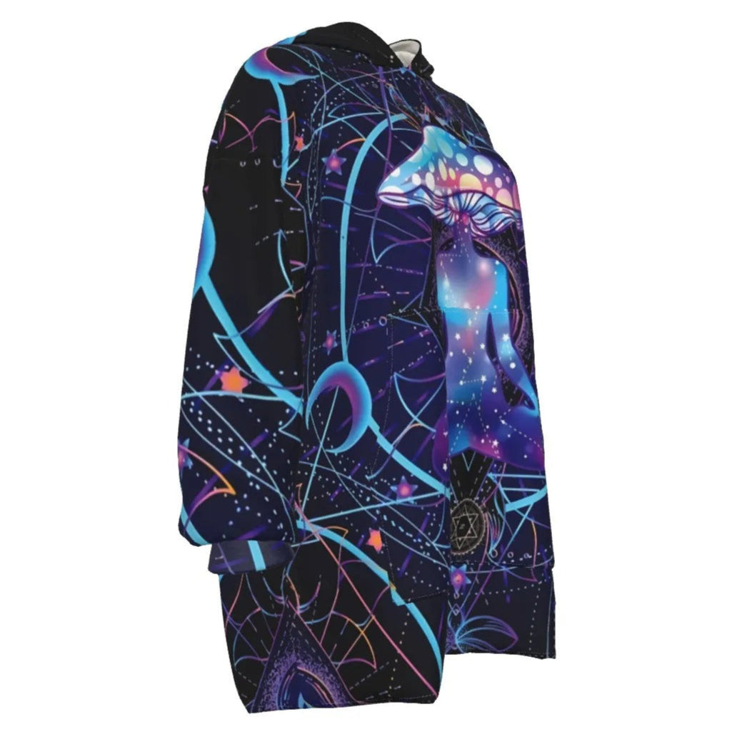Mystic Mushroom Awakening Wearable Hooded Blanket, Psychedelic Spiritual Wrap, Cosmic Mushroom Hooded Cape, Visionary Art Cozy Wear, Boho Mystic Style