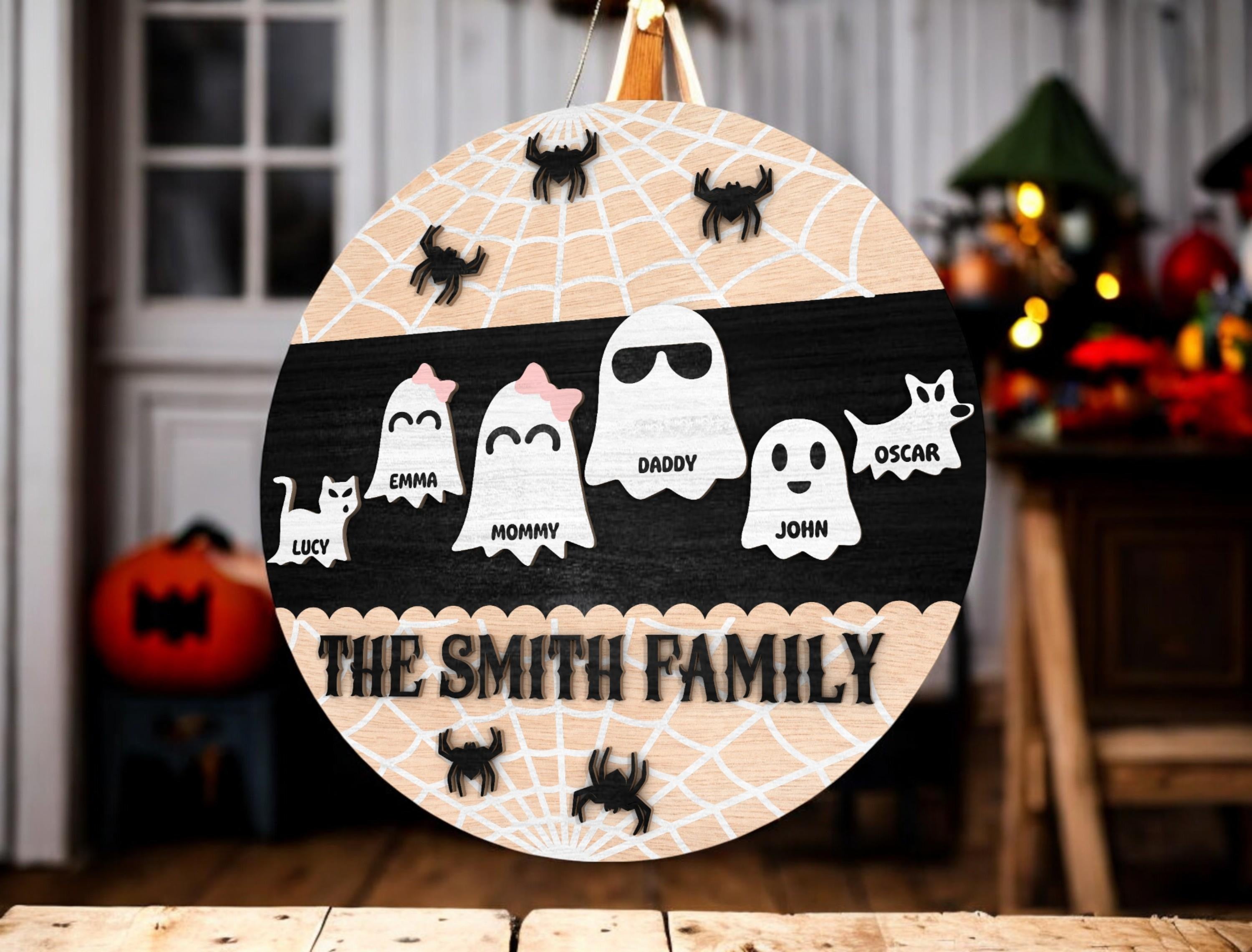 Personalized Halloween Ghost Family Door Sign, Custom Name Ghosts with Pets, Cute Spider Web Round Wooden Hanger, Fall Porch Decor