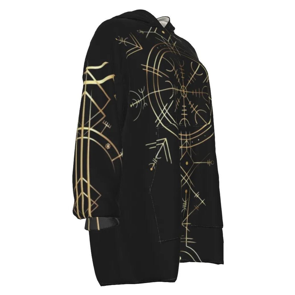 Viking Vegvisir Mysticism Sherpa Fleece Hoodie, Norse Compass Viking Jacket, Nordic Rune Cozy Hooded Sweatshirt, Viking Sacred Geometry Apparel