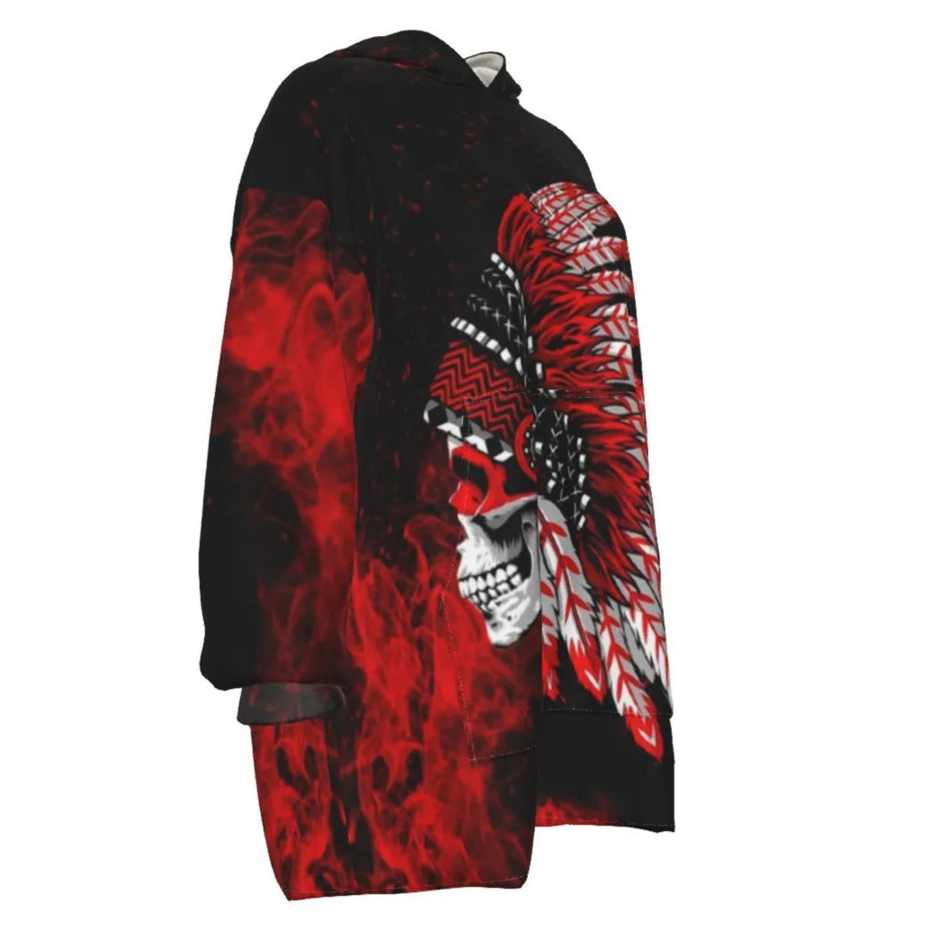 Native American Skull Sherpa Fleece Hoodie, Red Feather Headdress Hooded Jacket, Tribal Gothic Warm Hoodie, Red Smoke Graphic Outerwear, Warrior Biker Style