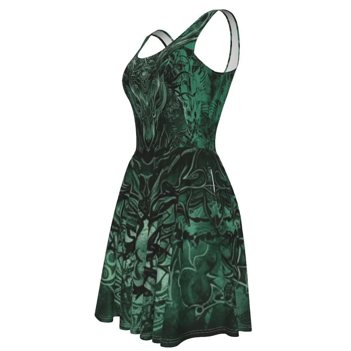 Viking Dress, Women Dresses, Norse Mythology Dress, Green Celtic Pattern Dress, Deer Skull Art Dress, Nordic Warrior Outfit, Pagan Festival Clothing, Dark Fantasy Fashion