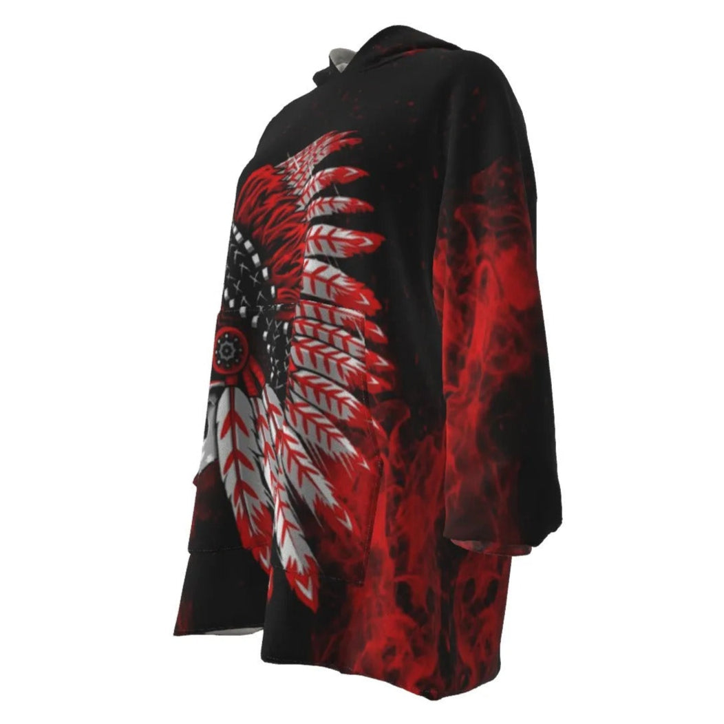 Native American Skull Sherpa Fleece Hoodie, Red Feather Headdress Hooded Jacket, Tribal Gothic Warm Hoodie, Red Smoke Graphic Outerwear, Warrior Biker Style