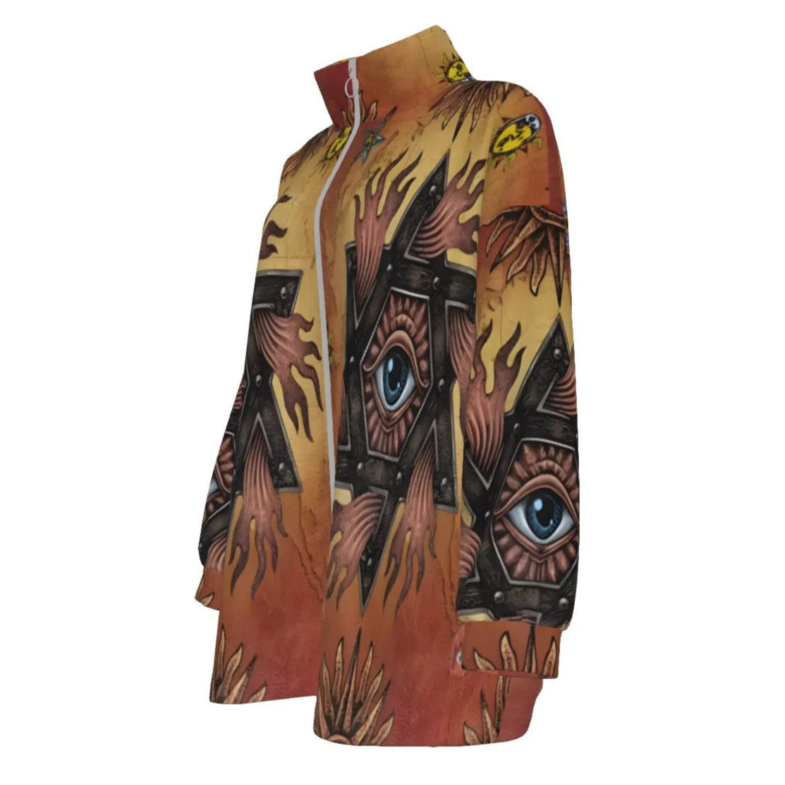 Women’s Mystic Mandala Coat, Sacred Geometry Cosmic Eye Outerwear, Psychedelic Sun Boho Festival Jacket