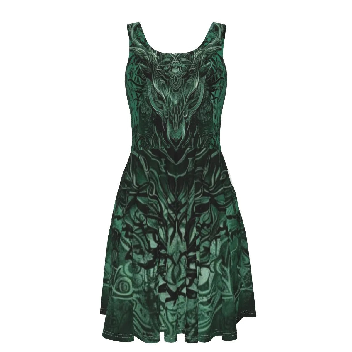 Viking Dress, Women Dresses, Norse Mythology Dress, Green Celtic Pattern Dress, Deer Skull Art Dress, Nordic Warrior Outfit, Pagan Festival Clothing, Dark Fantasy Fashion