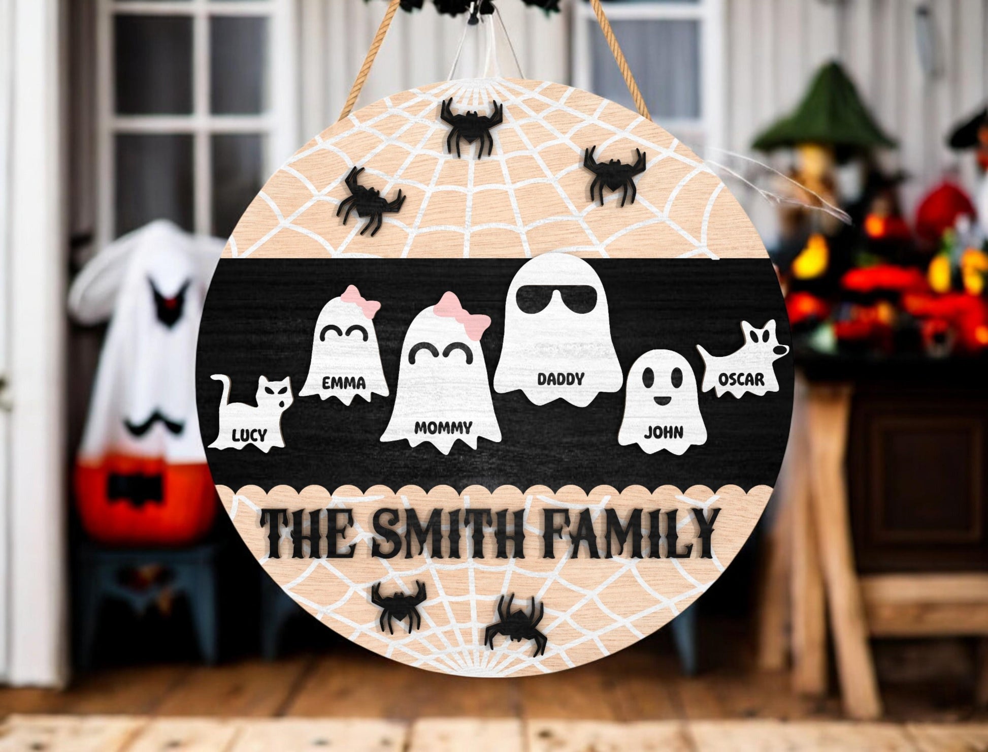 Personalized Halloween Ghost Family Door Sign, Custom Name Ghosts with Pets, Cute Spider Web Round Wooden Hanger, Fall Porch Decor