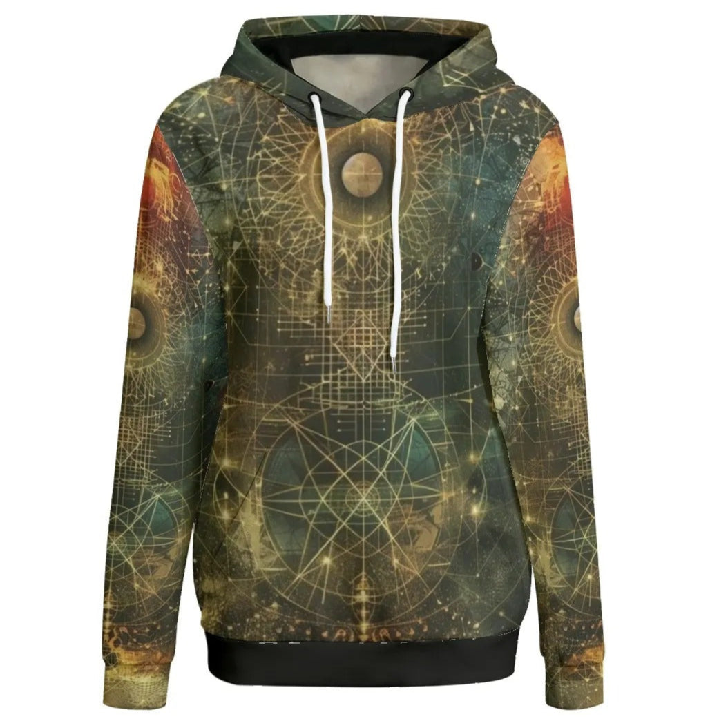 Celestial Alchemy Women’s Hoodie, Spiritual Universe-Inspired Hoodie with Astrology Symbols, Sacred Geometry Pullover with Cosmic Astral Design for Spiritual Souls