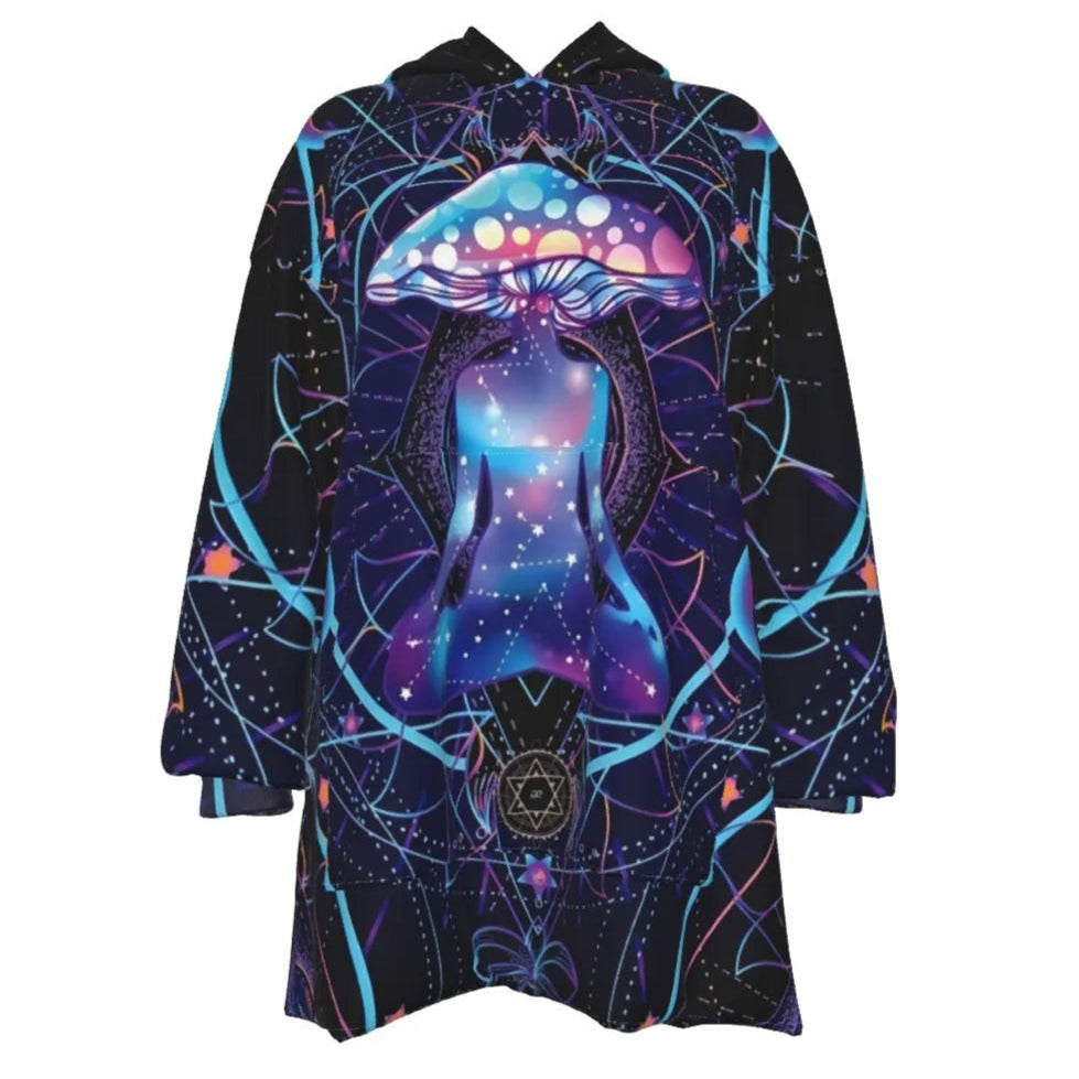 Mystic Mushroom Awakening Wearable Hooded Blanket, Psychedelic Spiritual Wrap, Cosmic Mushroom Hooded Cape, Visionary Art Cozy Wear, Boho Mystic Style